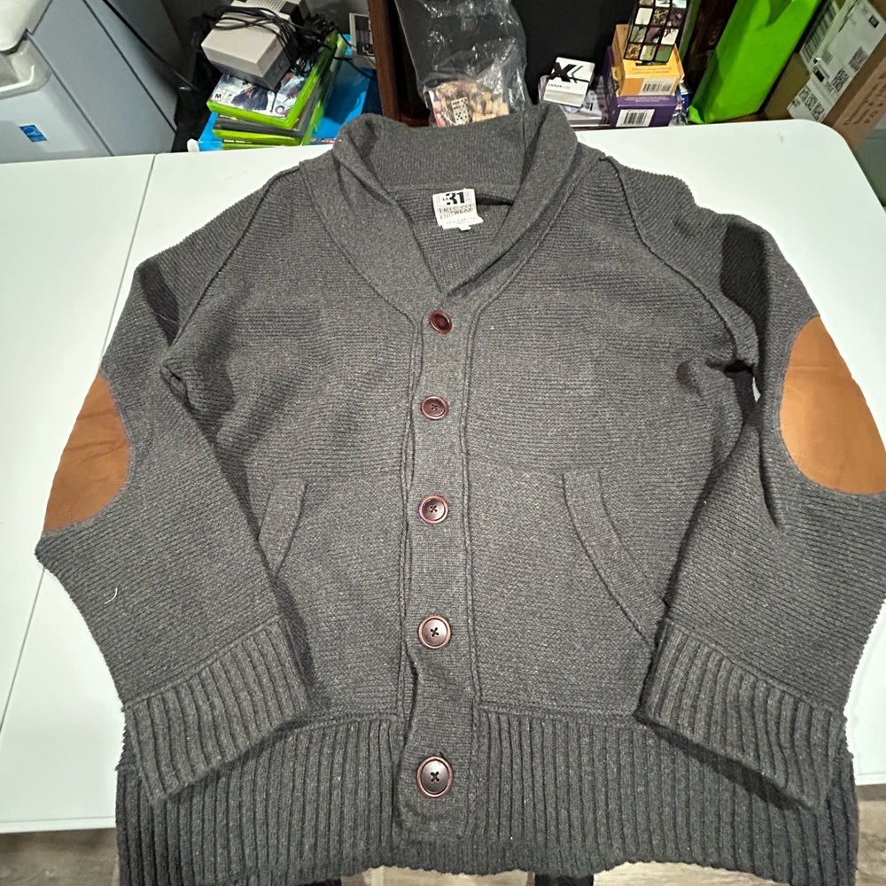 Simons Charcoal Cardigan with Tan Elbow Patches